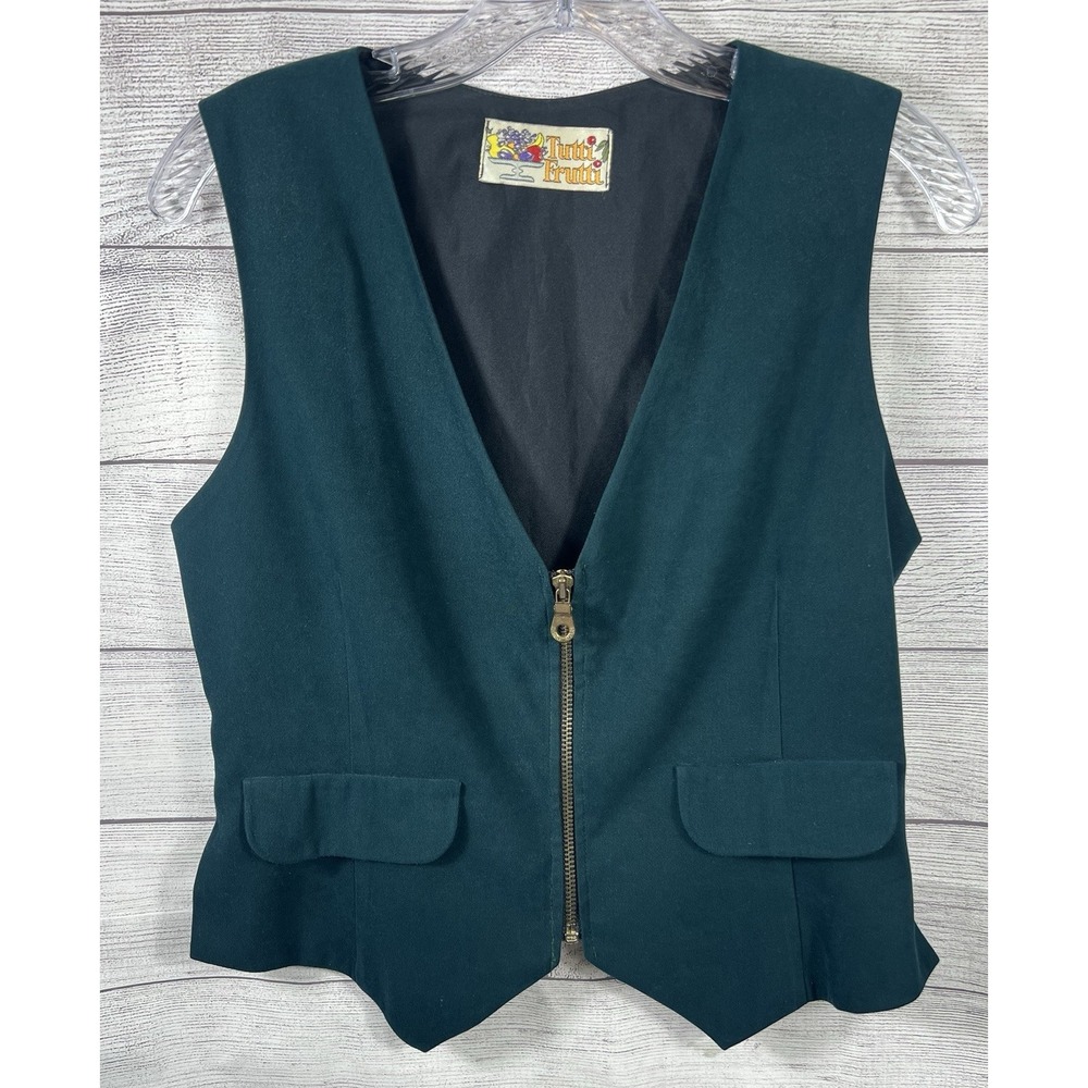 Vintage Tutti Frutti Women's Vest Green Zip Front‎ Tailored Crop Size Small